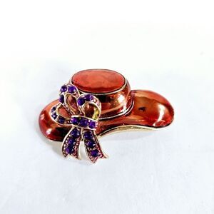 Vintage 1980's Red Hat Society Enameled Purple Rhinestone Bow Ribbon Brooch Pin